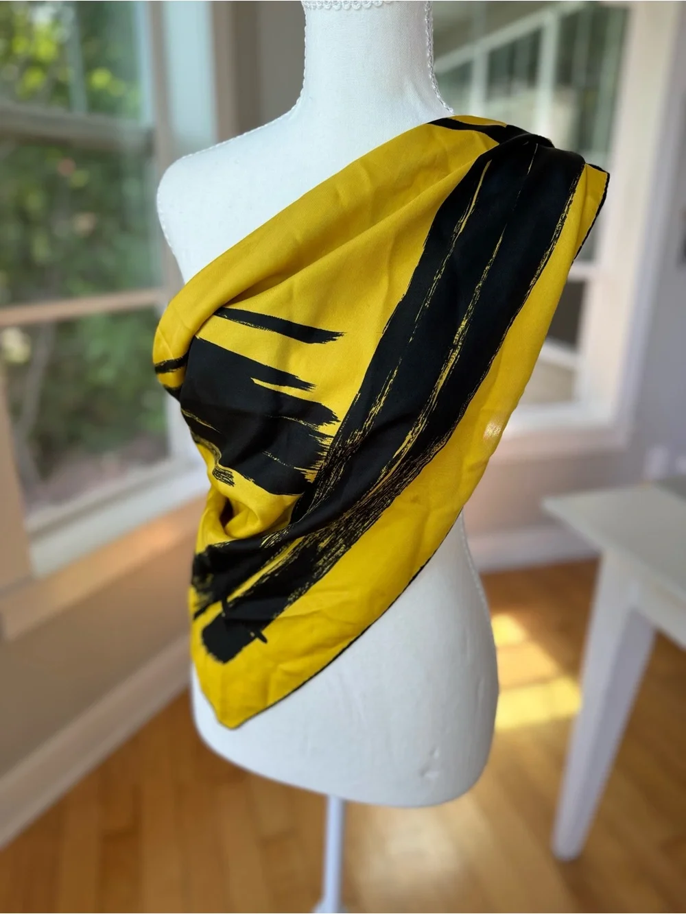 Vintage Lord & Taylor Yellow Black Brushstroke Large Square Silk Scarf